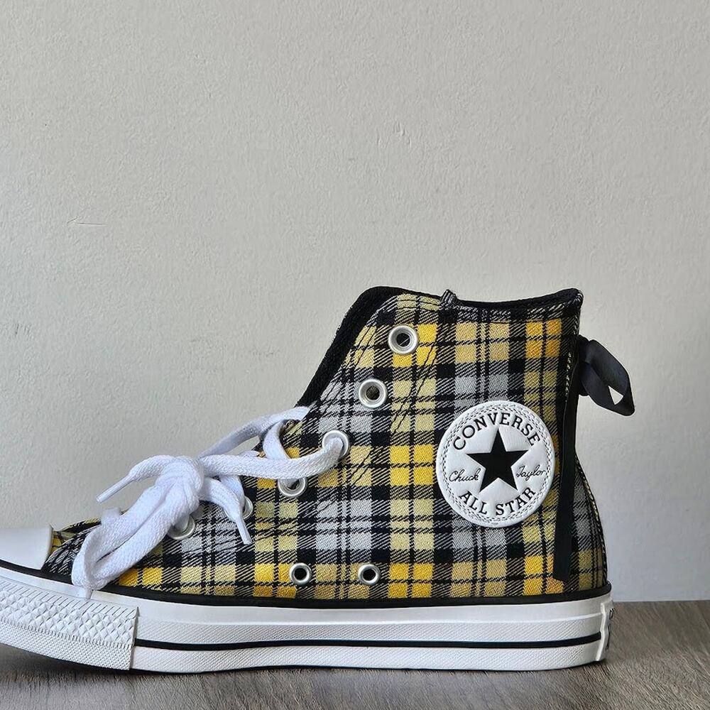 Converse Women's CTAS Plaid Ribbon hi Tops Size 7.5 Yellow Black A16518F NWT - Picture 3 of 6